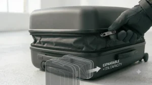 A detailed view of a hand unzipping the expandable section of a grey suitcase, featuring a graphic showing a 15% increase in total packing capacity.