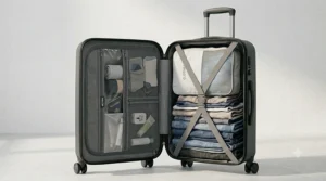 An open view of a grey hardshell large suitcase interior, neatly organised with zipped mesh dividers, packing cubes, a British passport pocket, and compressed holiday clothes.