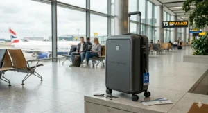 An infographic diagram showing the exact height, width, and litre capacity of the best medium suitcase for hold luggage.