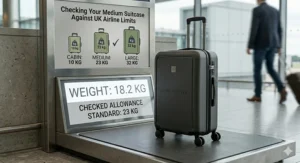 Close-up illustration of the durable four-wheel spinner system on a medium suitcase for smooth rolling through a UK airport terminal.