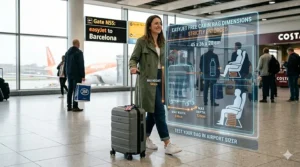 A diagram showing the maximum free cabin bag size dimensions of 45 by 36 by 20 cm for EasyJet flights.