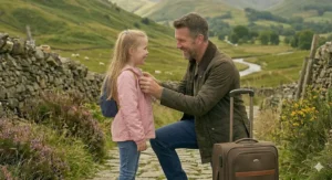 A father and daughter sharing a moment on a stone-paved country lane in the hills, with a brown rolling suitcase positioned in the lower right foreground.