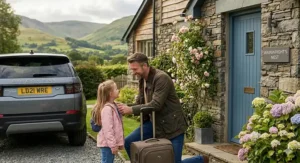 A father kneeling down to adjust his young daughter’s pink coat outside a stone holiday cottage, with a brown suitcase on wheels standing next to them on the gravel driveway.
