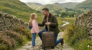 A father and young daughter pausing next to a brown suitcase on a cobblestone walking path, surrounded by dry stone walls and rolling green British hills.