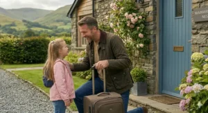 A father laughing with his daughter outside the blue front door of a traditional stone cottage, holding the handle of a brown wheeled suitcase ready for a holiday.