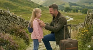 A father smiling at his daughter against a backdrop of sweeping green valleys and a winding river, with a brown travel suitcase standing on the path beside them.