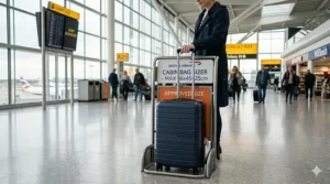 A navy hard shell carry on luggage case fitting perfectly inside a British airport cabin bag size checker for British Airways and EasyJet.