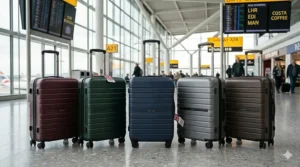 A row of matching hard shell carry on luggage options lined up in British heritage colours including burgundy, racing green, navy, and charcoal grey.