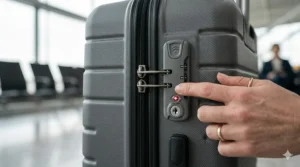 An integrated TSA-approved combination lock securing the double zips of a grey hard shell carry on luggage case.