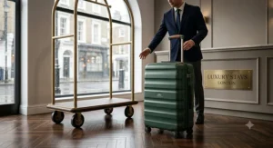 An illustration of a compact hard shell suitcase fitting perfectly into a UK airline cabin luggage size checker at airport check-in.