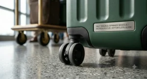 An illustration detailing the 360-degree double spinner wheels on the base of a hard shell suitcase for effortless rolling.
