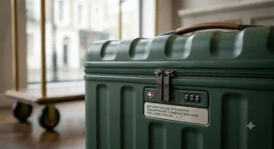 Close-up view of a secure, built-in combination TSA lock on the side of a hard shell suitcase for safe international travel.