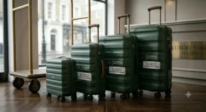 A matching three-piece hard shell suitcase set including cabin bag, medium, and large checked luggage options for family holidays.