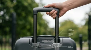 A close-up view of a hand holding a suitcase handle, with a technical diagram revealing the internal reinforced aluminium alloy tubes and locking pins.