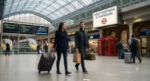 A large, expandable soft shell suitcase in forest green, packed and ready for check-in at a UK airport terminal.