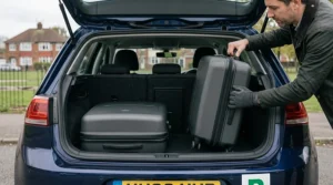 A practical demonstration of a man loading a large hardshell suitcase into the boot of a blue family hatchback car on a typical British residential street.
