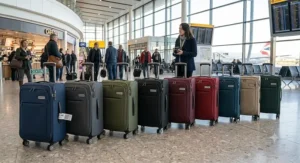 A line up of the lightest check in suitcase models available in various stylish colours.