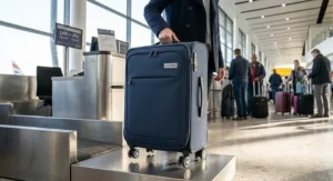 A person easily lifting the lightest check in suitcase by its ergonomic top handle.