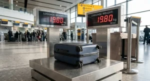 An ultra lightweight large suitcase on airport luggage scales showing a low weight in kilograms.