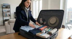 An open view of the lightest check in suitcase being packed with holiday clothes and travel essentials.