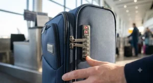 Close up of the secure TSA combination lock on the lightest check in suitcase for international travel.