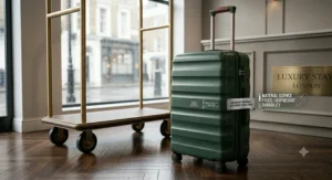 Graphic showing a lightweight hard shell suitcase being lifted effortlessly, emphasising its ultra-light polycarbonate construction.