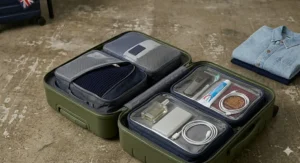 Alt text for image 4: A side-by-side comparison of a polycarbonate hard-shell case and a nylon soft-sided cabin bag to show the lightest carry on luggage materials.