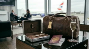 A close-up of a premium brown leather travel bag embossed with a subtle logo, sitting next to a United Kingdom passport, a gold pen in a presentation case, and a glass of champagne.