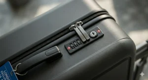 A medium-sized suitcase fitting easily into the boot of a standard UK family hatchback car next to a backpack.