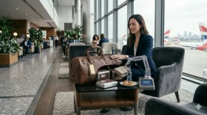 A woman sitting in a grey armchair inside a premium airport lounge, using a small robotic arm on a coffee table to pack a brown leather travel bag.