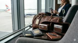 A luxury brown leather travel bag sitting on a table in an airport lounge next to an open United Kingdom passport, with a passenger holding a tablet in the background.