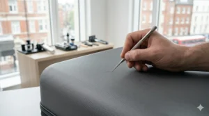 Close-up texture of the grey durable, scratch-resistant polycarbonate hard shell carry on luggage exterior.