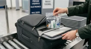 A detailed close-up of a passenger's hand removing a laptop and a clear plastic bag containing 100ml liquids from the front pocket of a charcoal soft shell carry on luggage bag at a UK airport security checkpoint.
