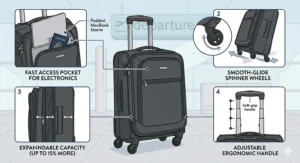 An infographic illustrating four technical features of a charcoal soft shell carry on luggage bag: fast-access front pocket for electronics, smooth-glide spinner wheels, expandable capacity, and an adjustable ergonomic handle.