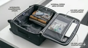 An open view of a charcoal soft shell carry on luggage bag, showing its internal packing features, including compression straps, a large mesh divider, and a padded laptop compartment in the lid.