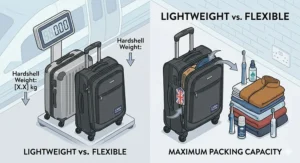 An infographic illustrating the benefits of flexible soft shell carry on luggage, showing it is lighter than a hardshell bag on a scale and can pack flexible items like clothing and a fleece jacket more easily.