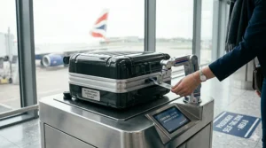A close-up of a traveller attaching a baggage tag to a premium carbon-fibre cabin bag placed on an automated airport self-tagging scale next to a window.
