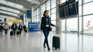 A passenger walking through a spacious terminal at London Heathrow with a black cabin bag on wheels, passing a British Airways customer service desk and flight information screens.
