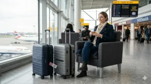 A female traveller in a navy trench coat sitting in a UK airport lounge holding a cup of tea next to blue and grey hard shell carry on luggage cases.