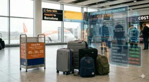 An illustration of a soft-sided cabin bag placed completely underneath the airplane seat on an EasyJet aircraft.