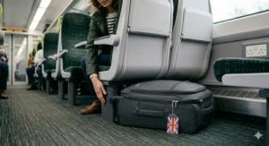 An illustration showing how a flexible soft shell carry on luggage bag compresses slightly to fit under a standard UK train or airplane passenger seat.