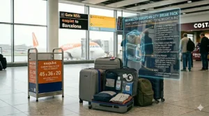 A capsule wardrobe for a weekend holiday laid out next to an approved EasyJet underseat cabin bag.