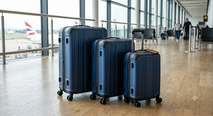 A premium 3 piece luggage set in navy blue featuring matching cabin, medium, and large hard shell suitcases.
