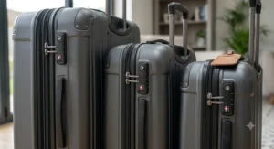 Close-up of a 3 piece luggage set showcasing the integrated TSA combination locks for secure holiday travel.