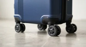Close-up illustration of the durable, 360-degree spinner wheels on a modern 4 wheel suitcase.