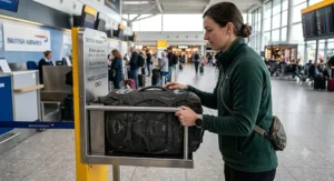 A 40l rucksack being placed into a hand luggage sizing gauge at a UK airport terminal