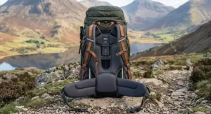 Detailed view of the adjustable back system and padded hip belt on a premium 70l rucksack for hiking.