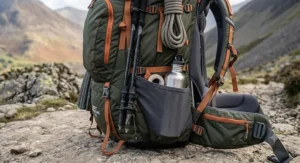 Close-up of the external gear loops, walking pole attachments, and stretch side pockets on a 70l hiking rucksack.