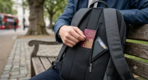 Illustration showing a hidden rear zipped pocket on an anti theft backpack to safeguard passport and wallet.