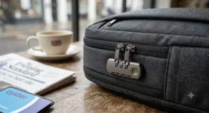 Close-up illustration of lockable zippers and combination lock on a secure anti theft rucksack.